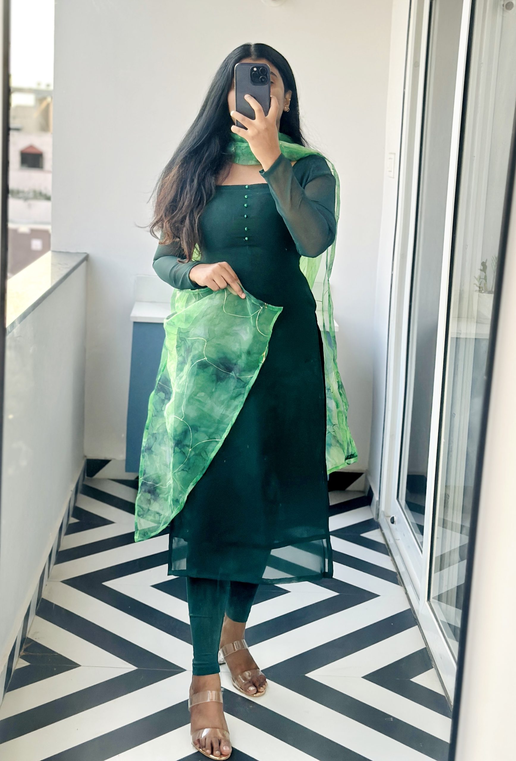 Bottle green kurti with crystal organza dupatta