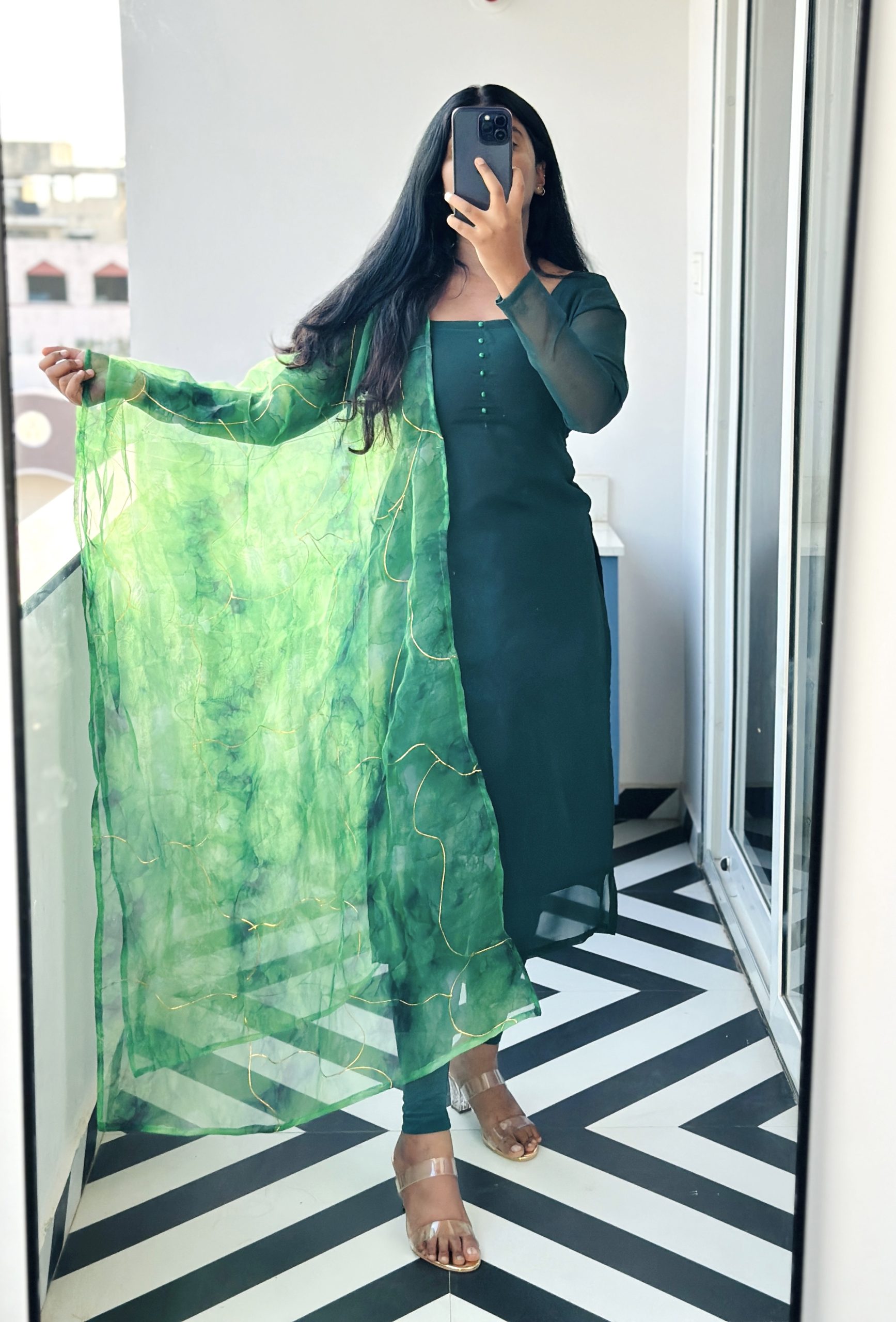 Bottle green kurti with crystal organza dupatta - Image 4