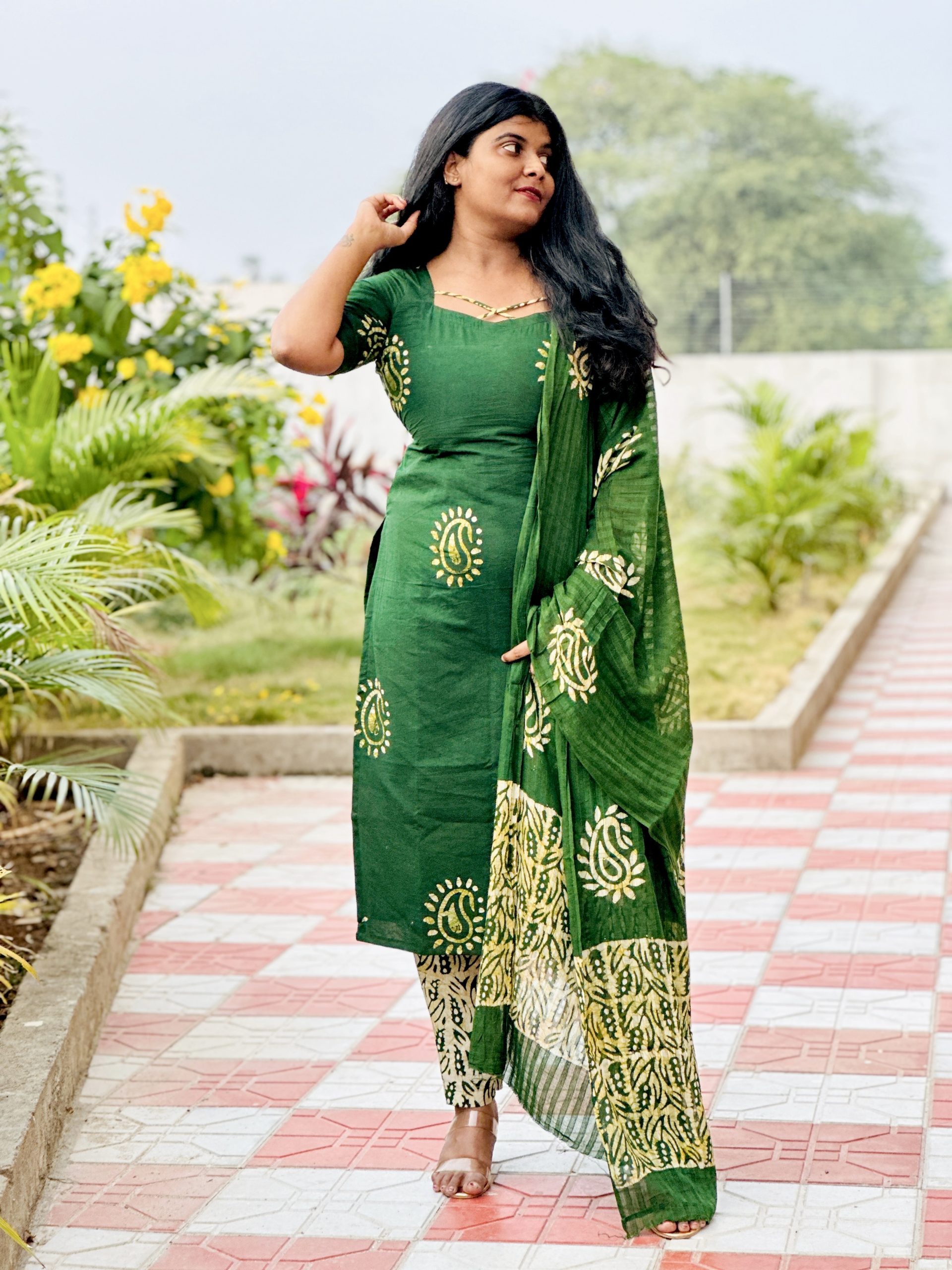 Green cotton batik suit set